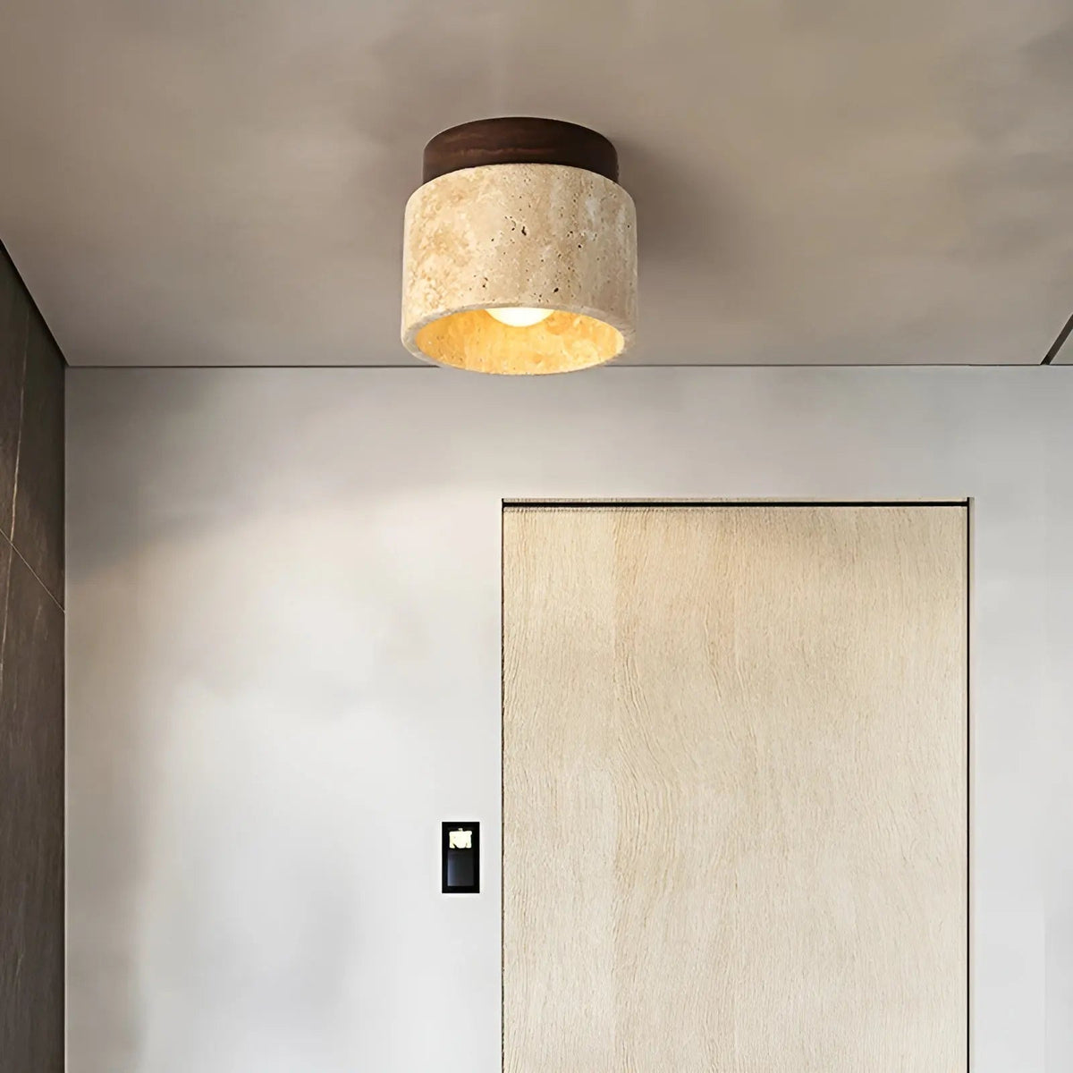 Rustic Wabi-Sabi Travertine And Wood Ceiling Light