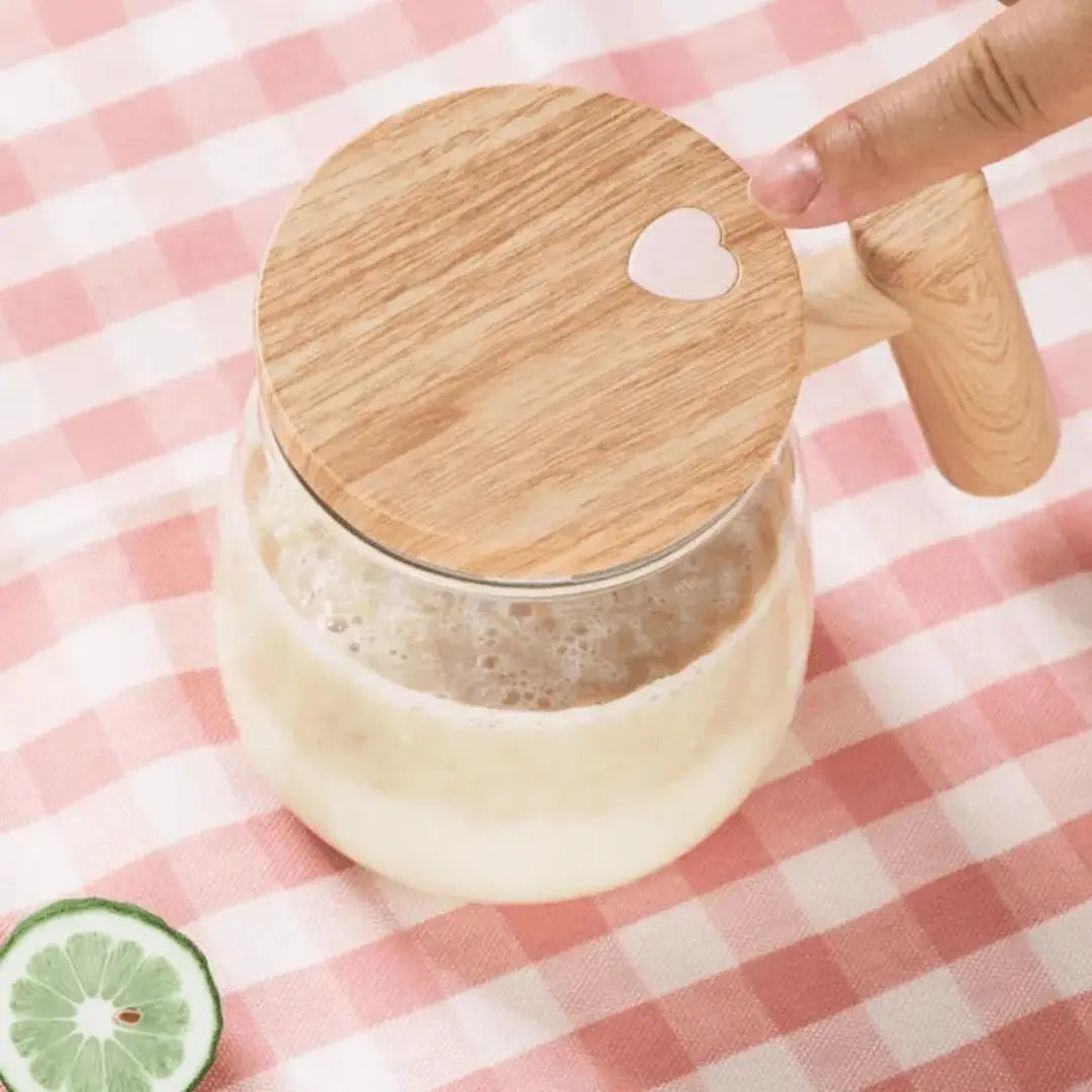 Automatic Self Stirring Glass Coffee Mug With Wooden Spill Proof Lid