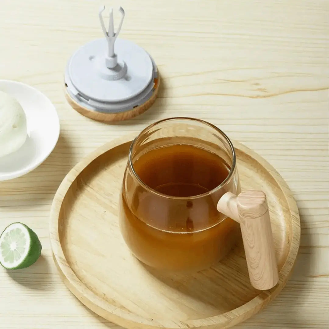 Automatic Self Stirring Glass Coffee Mug With Wooden Spill Proof Lid