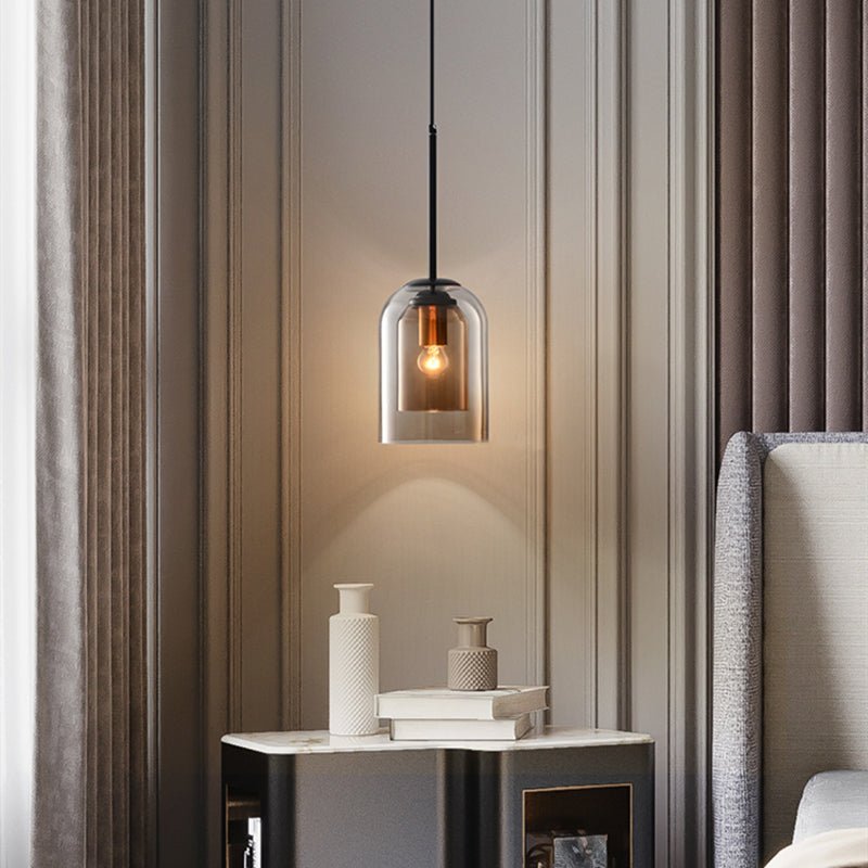 Mid-Century Double Glass Shade Iron Pendant Light