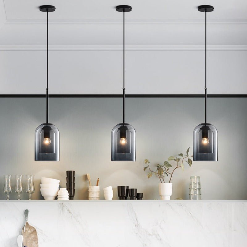 Mid-Century Double Glass Shade Iron Pendant Light
