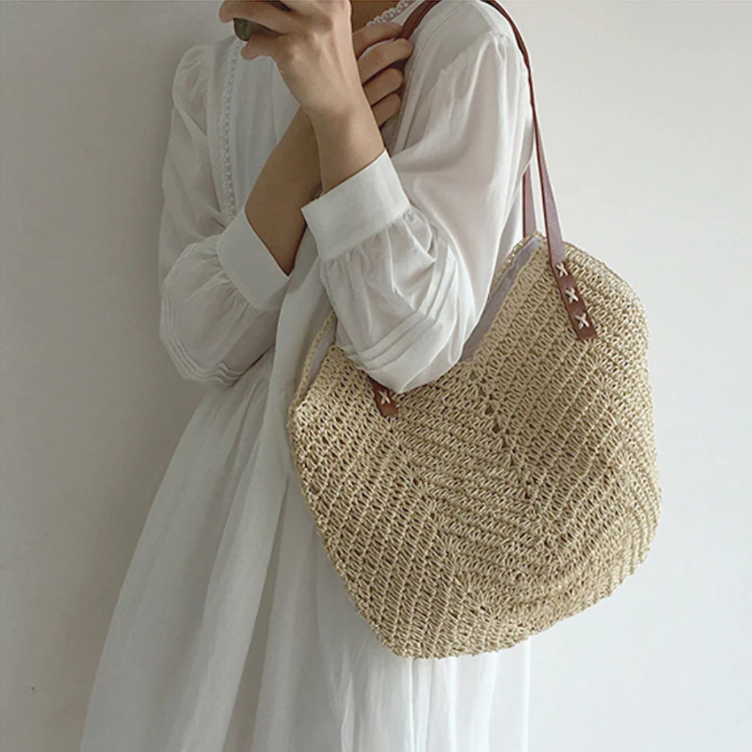 Woven Casual Adjustable Strap Spacious Shoulder Bag for Women