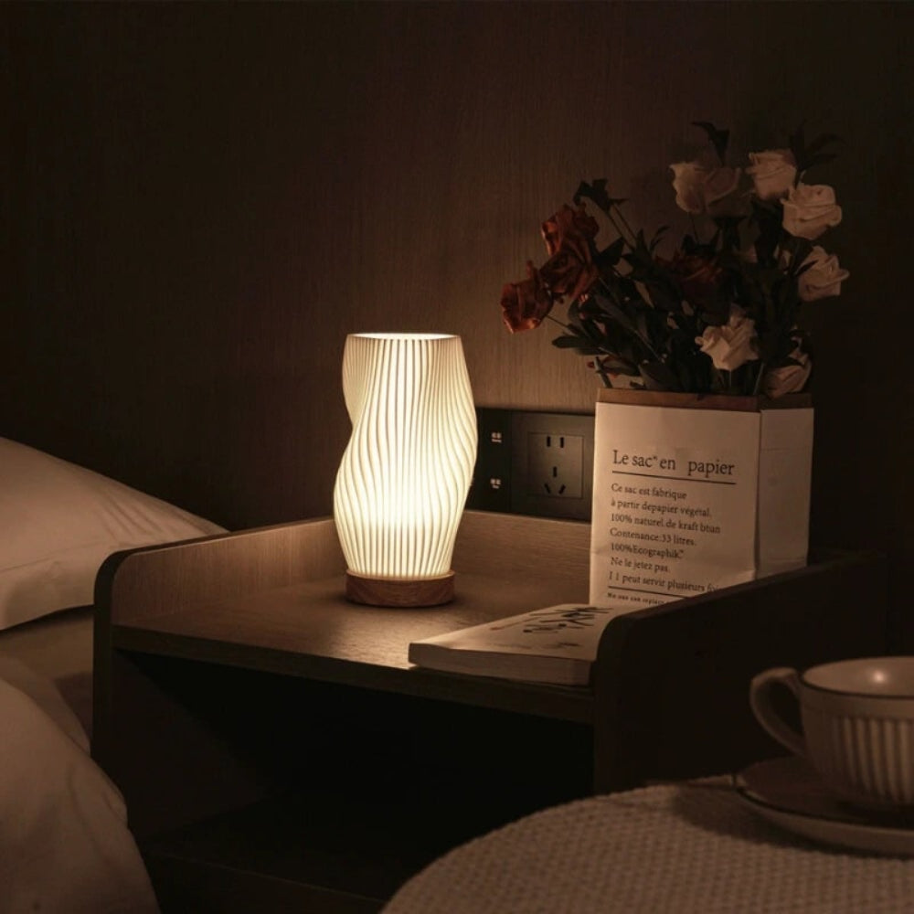 Sculpted Wave Shade Wood Base Dimmable Table Lamp