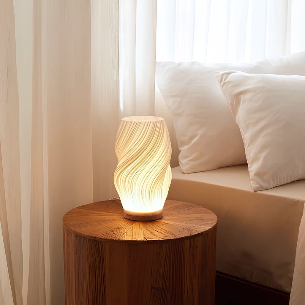 Sculpted Wave Shade Wood Base Dimmable Table Lamp