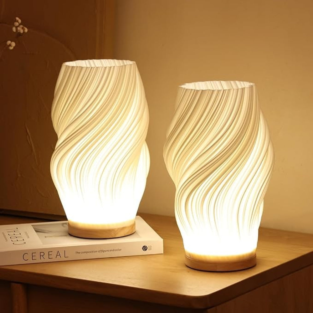 Sculpted Wave Shade Wood Base Dimmable Table Lamp
