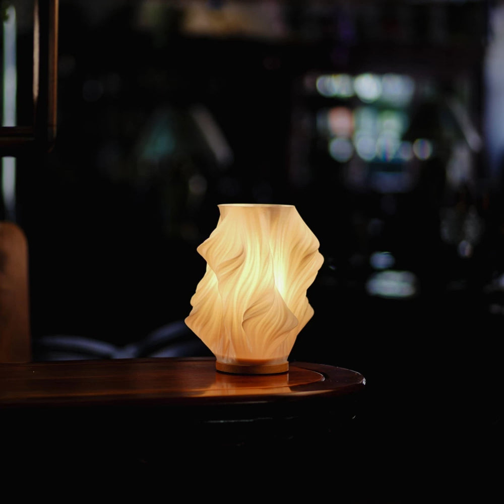 Sculpted Wave Shade Wood Base Dimmable Table Lamp
