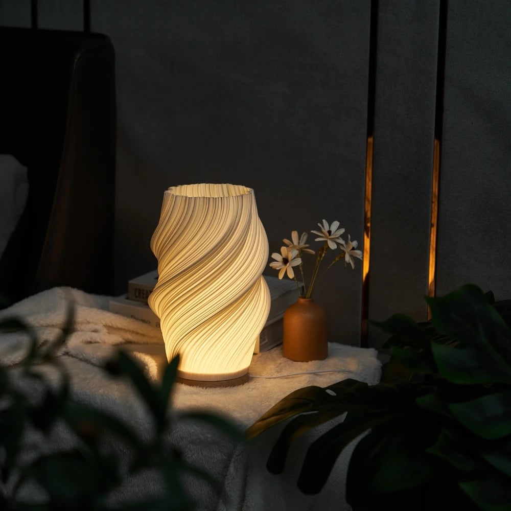 Sculpted Wave Shade Wood Base Dimmable Table Lamp