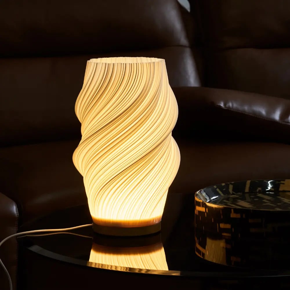 Sculpted Wave Shade Wood Base Dimmable Table Lamp