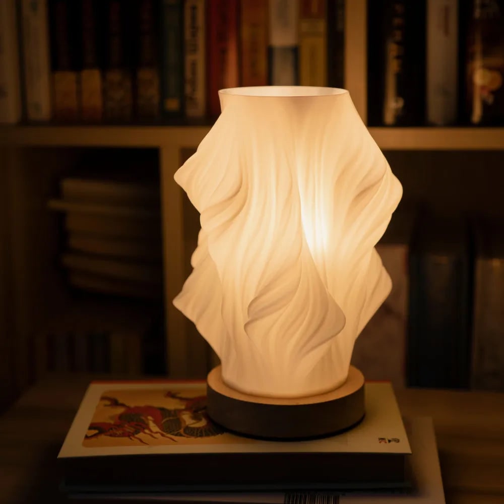 Sculpted Wave Shade Wood Base Dimmable Table Lamp