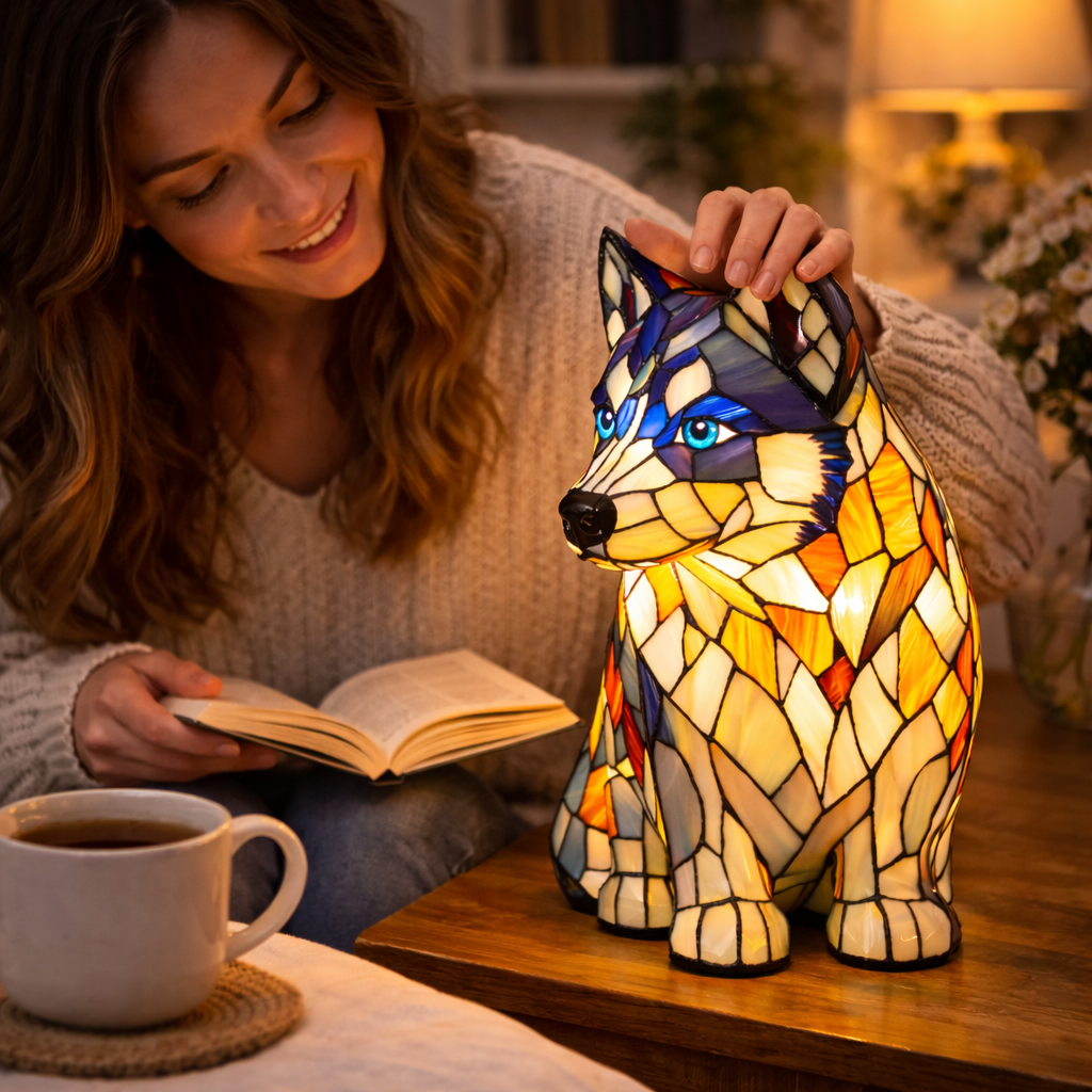Mosaic Dog Stained Glass Decorative Table Lamp for Bedroom