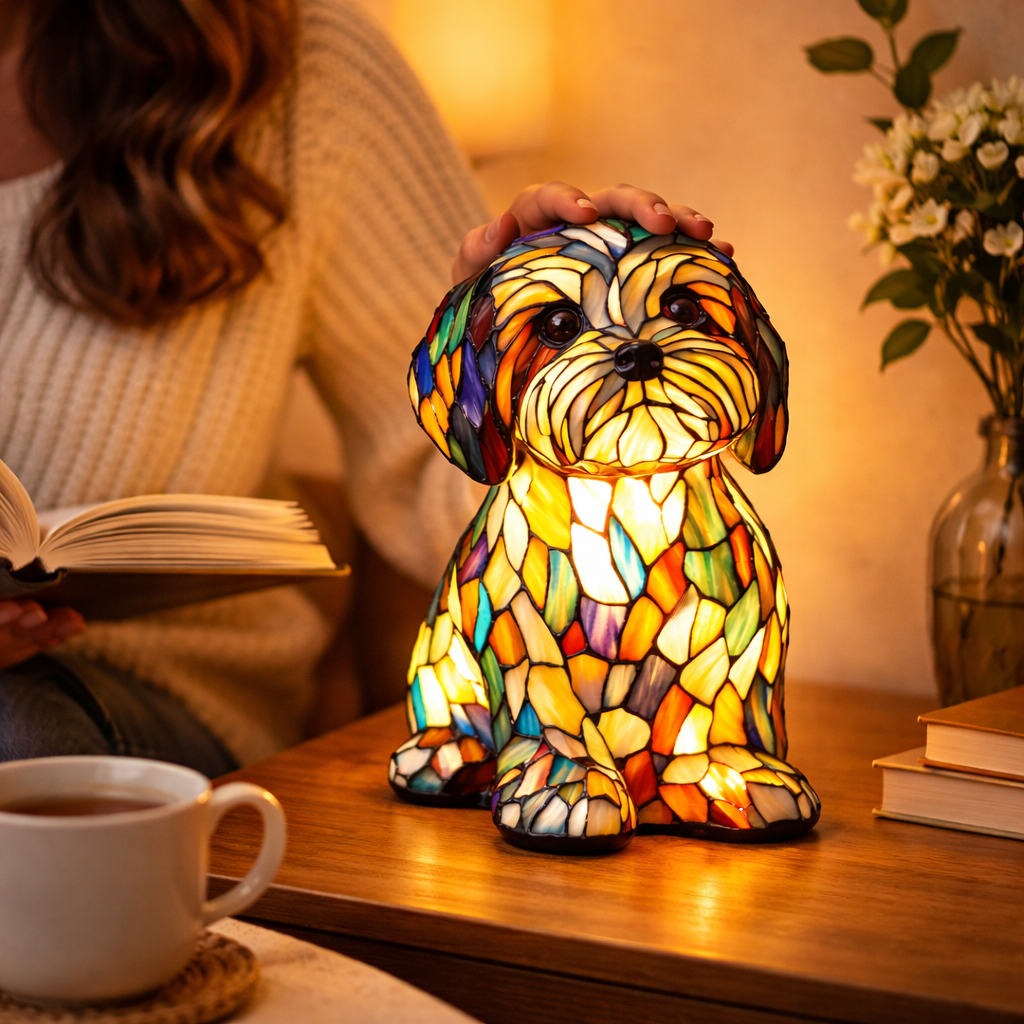 Mosaic Dog Stained Glass Decorative Table Lamp for Bedroom