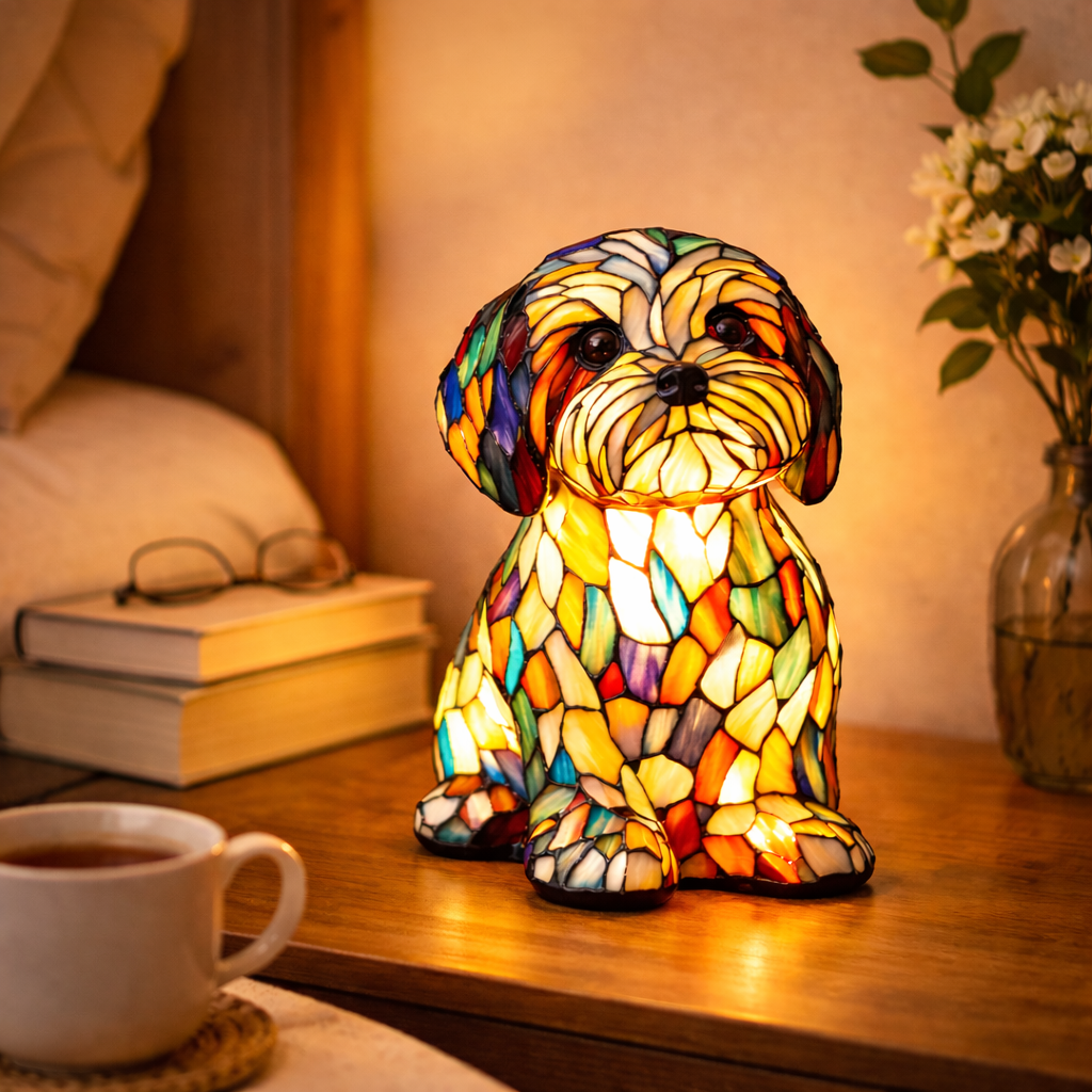 Mosaic Dog Stained Glass Decorative Table Lamp for Bedroom