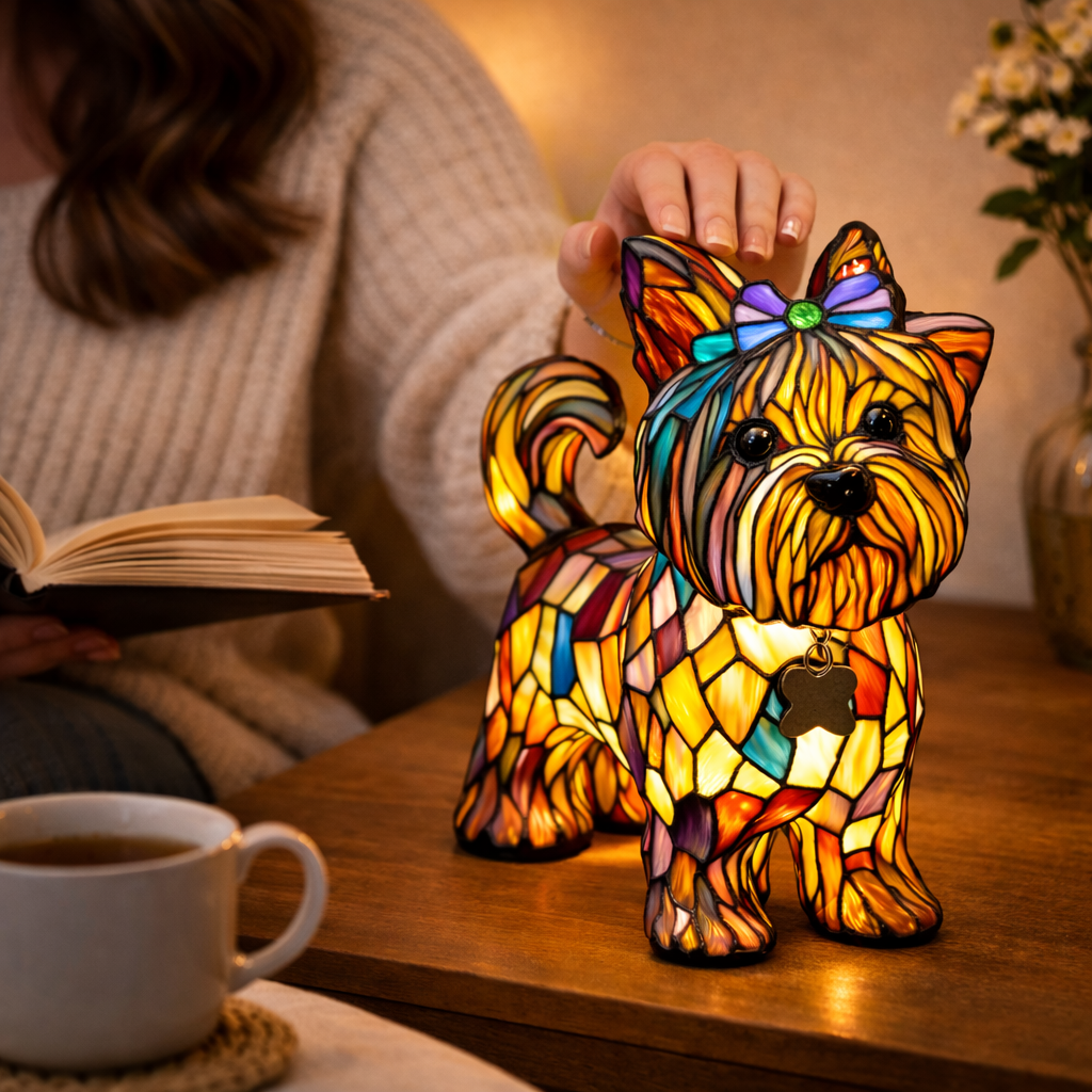 Mosaic Dog Stained Glass Decorative Table Lamp for Bedroom