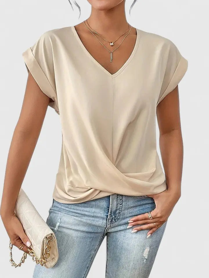 Women's V-Neck Short Sleeve Casual Top with Twist Front Detail