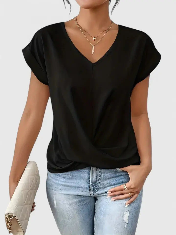 Women's V-Neck Short Sleeve Casual Top with Twist Front Detail
