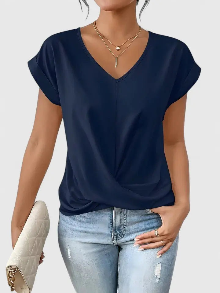 Women's V-Neck Short Sleeve Casual Top with Twist Front Detail