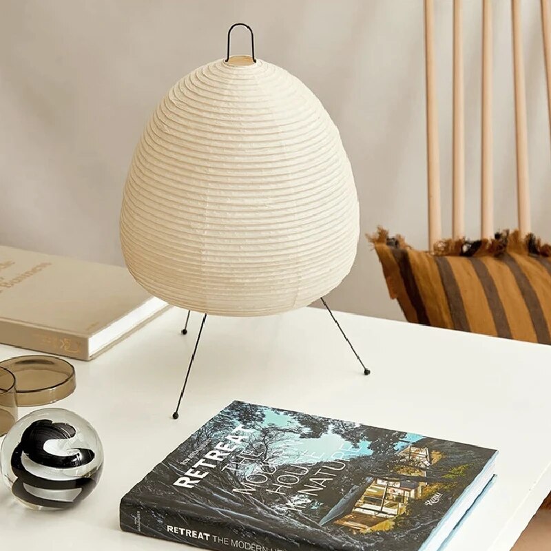 Minimalist Zen Japanese Rice Paper Tripod Table Lamp with Ambient Lighting