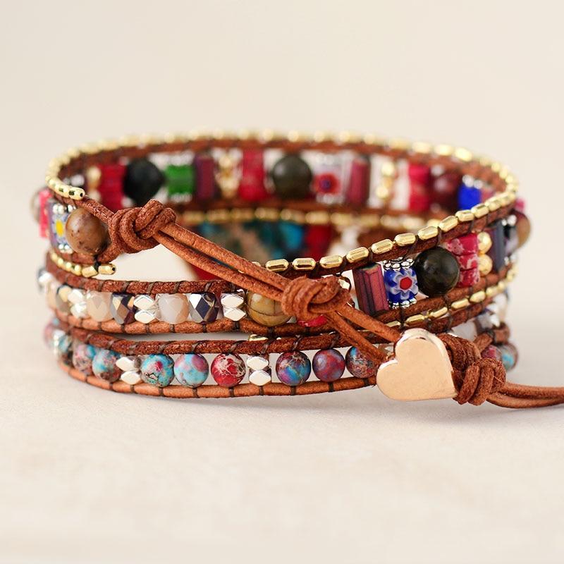Handmade Natural Jasper Heart Charm Boho Wrap Bracelet
