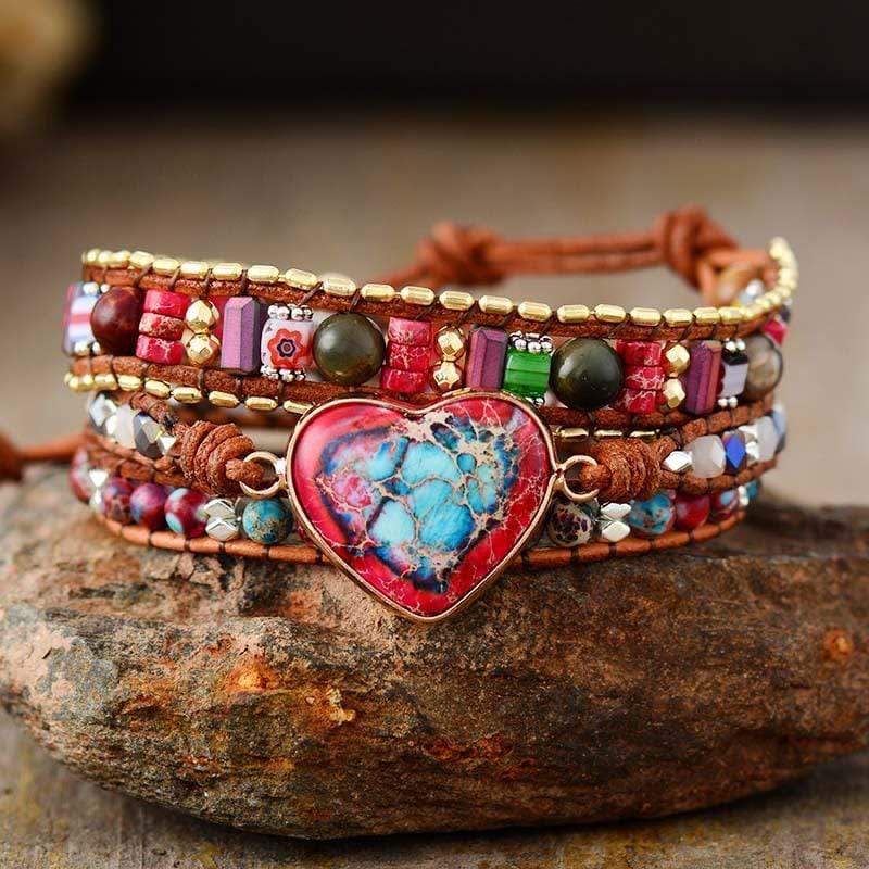 Handmade Natural Jasper Heart Charm Boho Wrap Bracelet