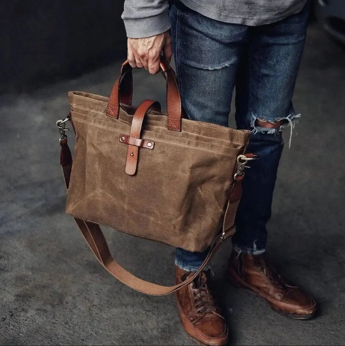 Men's Waxed Canvas Tote Bag with Leather Trim and Crossbody Strap