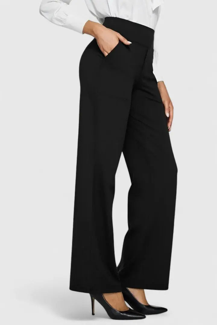 Women's High-Waist Wide Leg Trousers with Pull-On Waistband and Pockets