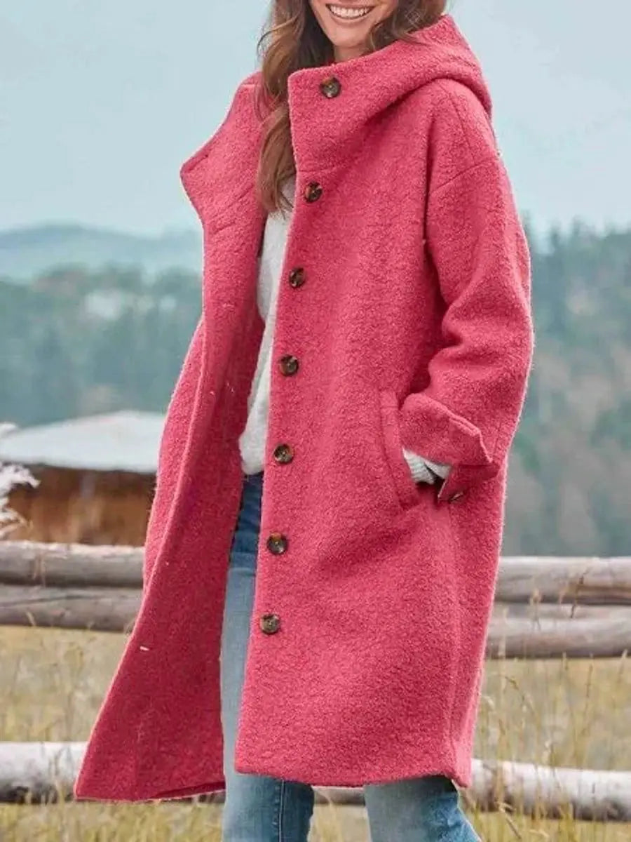 Women Coat Hooded Fleece Long Button-Up Casual Overcoat