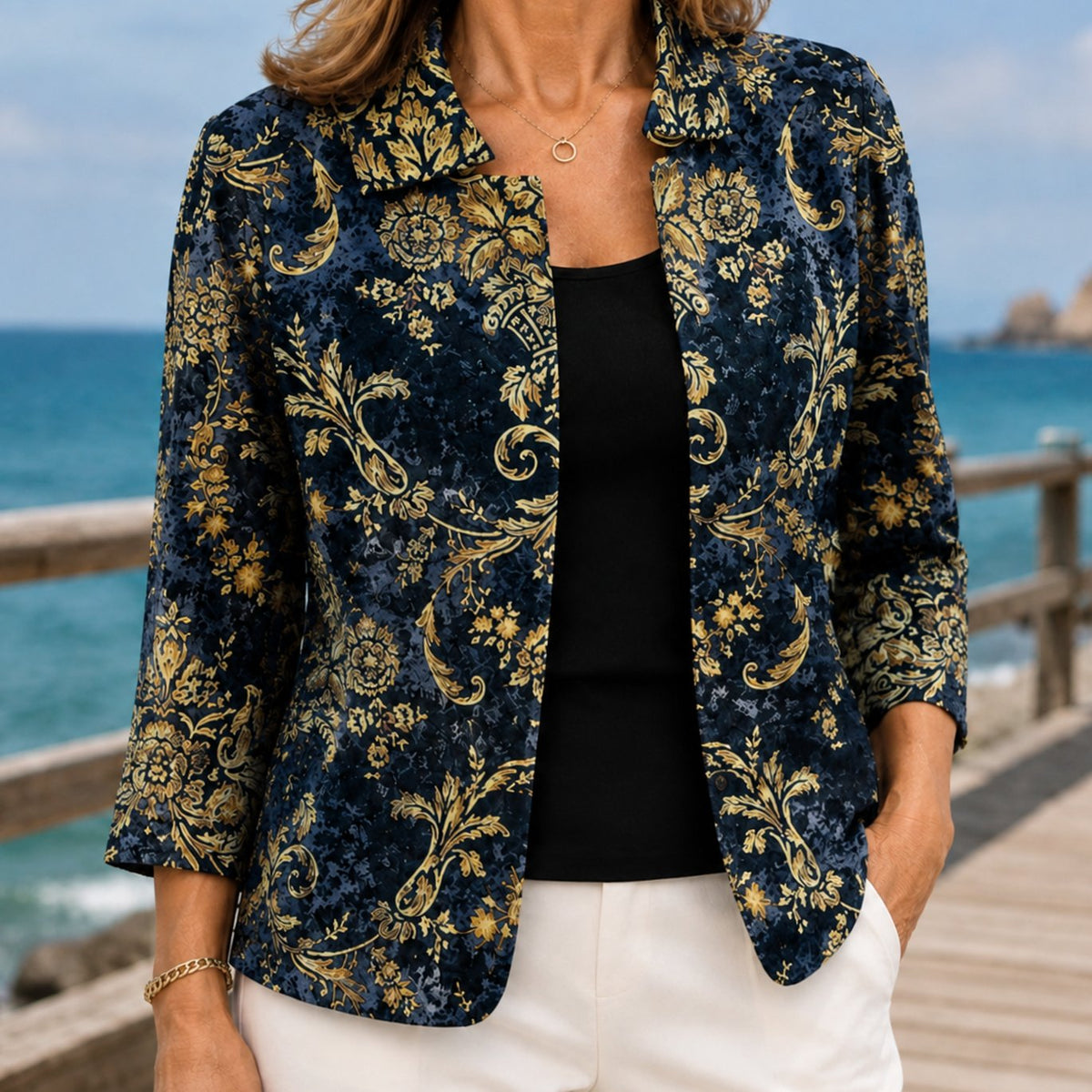 Women's Baroque Floral Open-Front Three-Quarter Sleeve Blazer