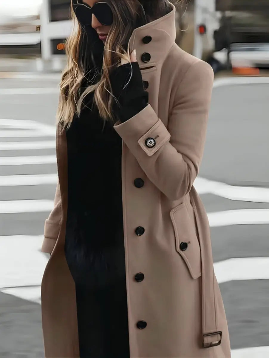 Women's Belted Double-Breasted Long Wool-Look Trench Coat