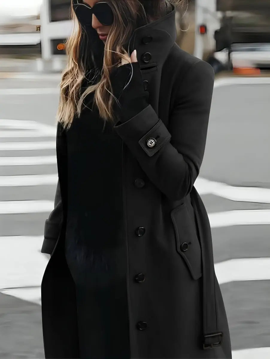 Women's Belted Double-Breasted Long Wool-Look Trench Coat
