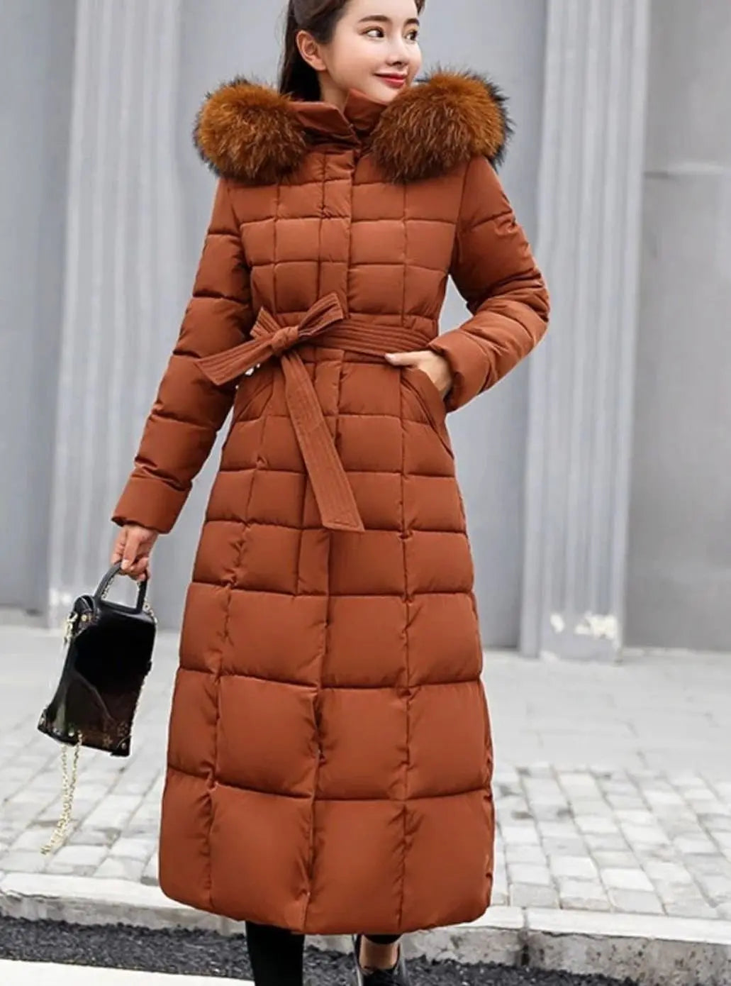 Women's Belted Long Quilted Hooded Puffer Coat Fur Trim