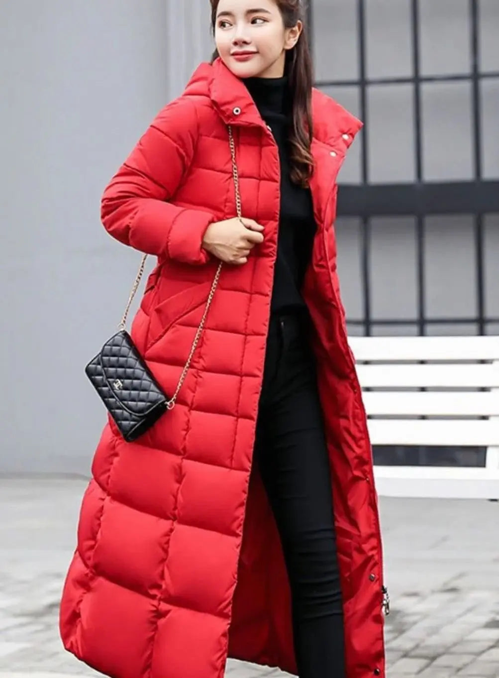 Women's Belted Long Quilted Hooded Puffer Coat Fur Trim
