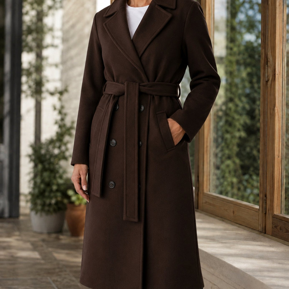 Women's Belted Overcoat Notched-Lapel Below-Knee Winter Coat