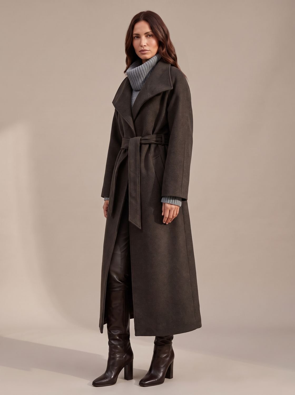 Lily | Women's Belted Wool Long Winter Coat Wide Structured Collar