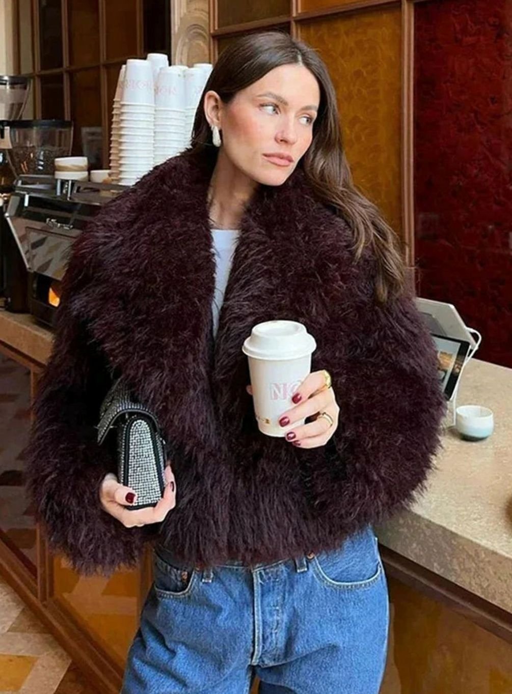 Women's Burgundy Faux Fur Fluffy Coat Large Collar