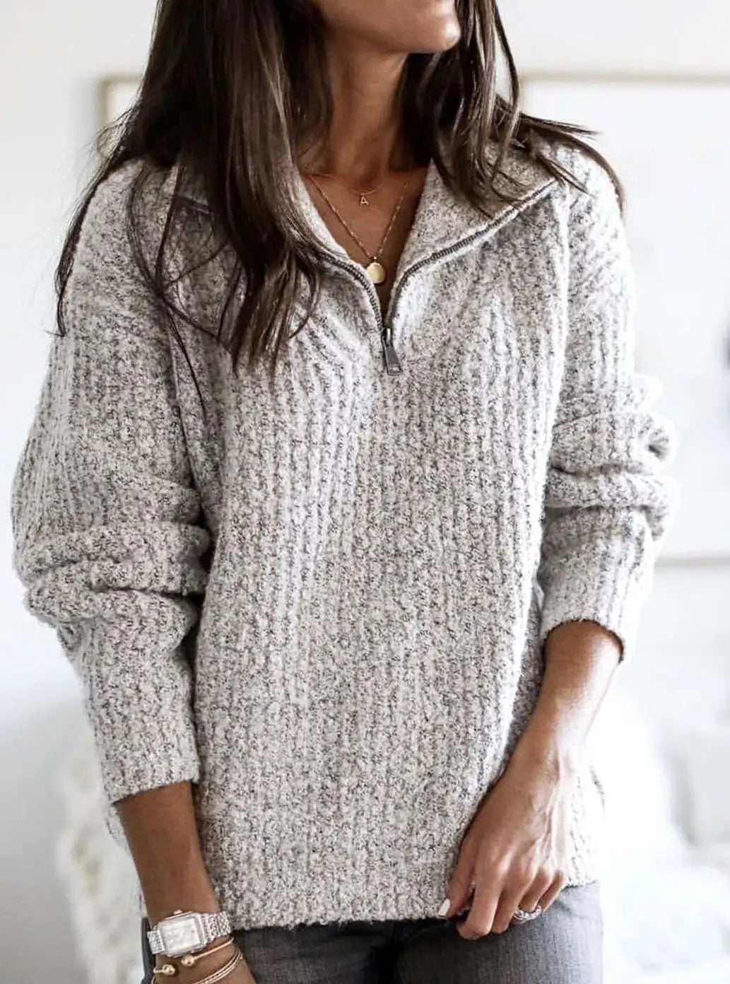 Women's Cable Knit Quarter-Zip Ribbed Sweater Pullover