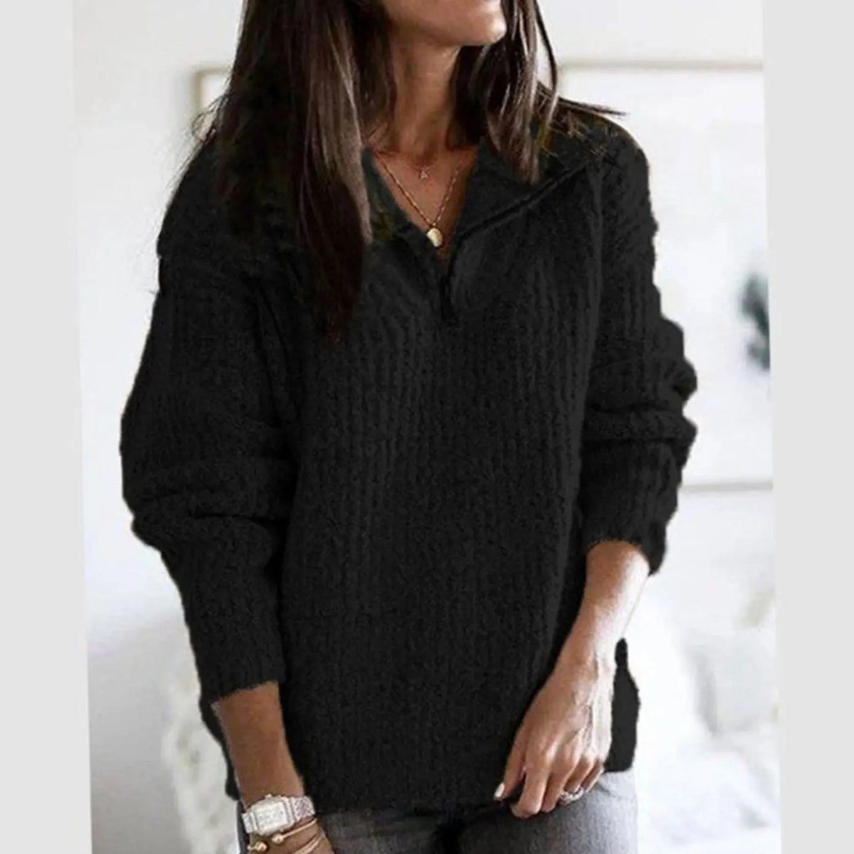 Women's Cable Knit Quarter-Zip Ribbed Sweater Pullover