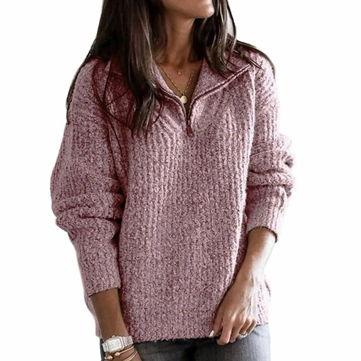 Women's Cable Knit Quarter-Zip Ribbed Sweater Pullover