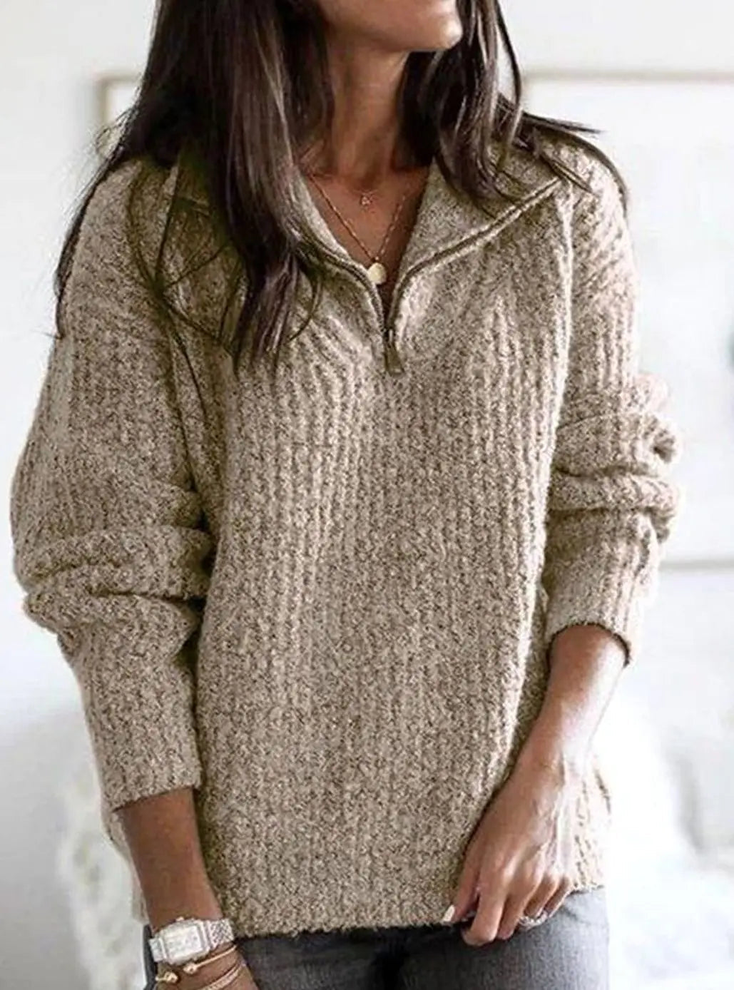 Women's Cable Knit Quarter-Zip Ribbed Sweater Pullover