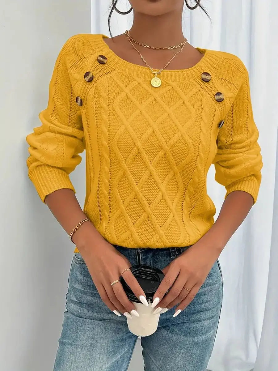 Women's Cable-Knit Sweater Round Neck Button Detail Jumper