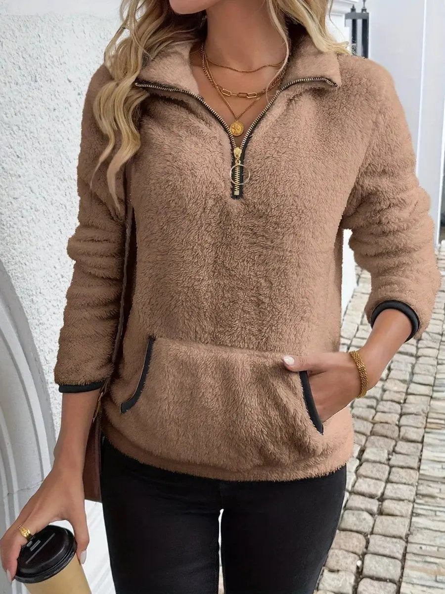 Womens Cardigan Half-Zip Fluffy Teddy Fleece Pullover Jumper