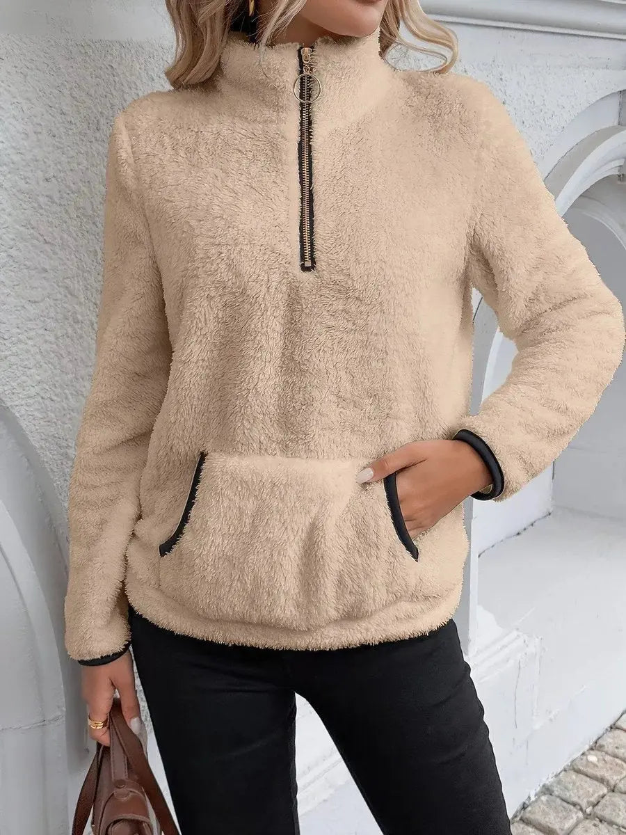 Womens Cardigan Half-Zip Fluffy Teddy Fleece Pullover Jumper