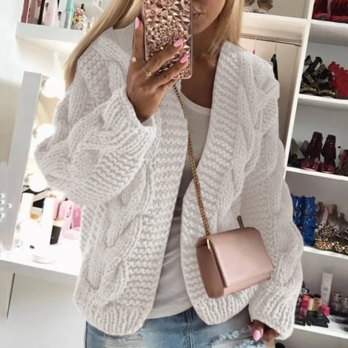 Womens Cardigan Oversized Open-Front Chunky Cable Knit