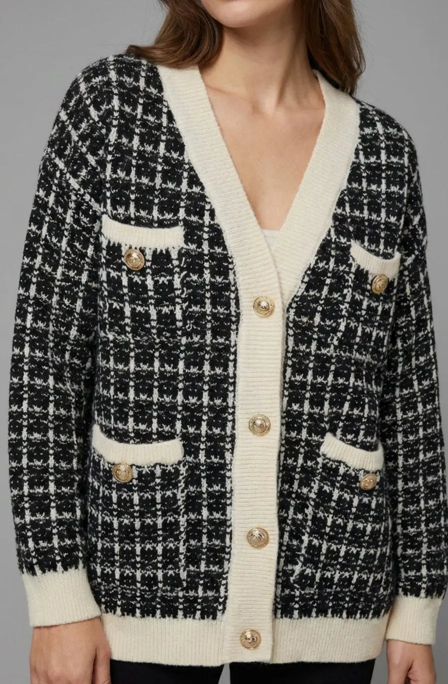 Women's Checked Tweed-Style V-Neck Knit Sweater Cardigan