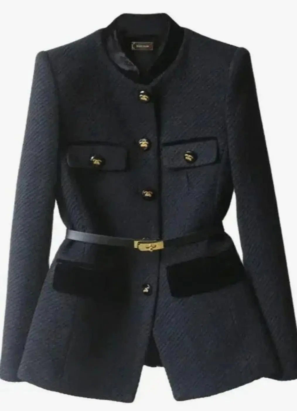 Women's Chic Belted Tweed Military-Button Coat