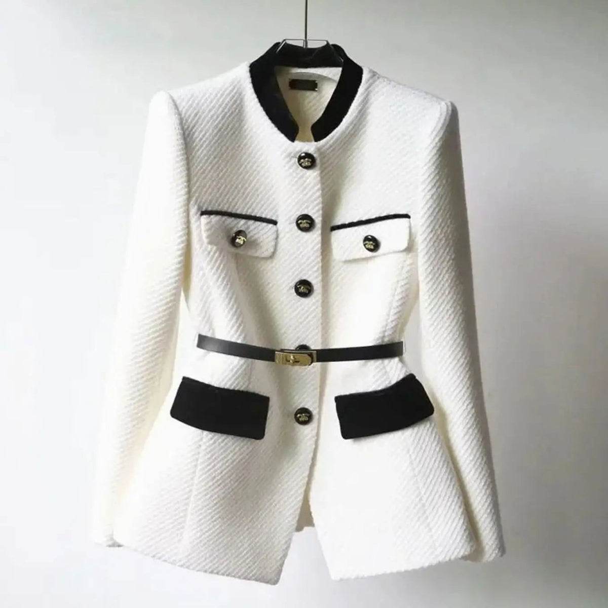Women's Chic Belted Tweed Military-Button Coat