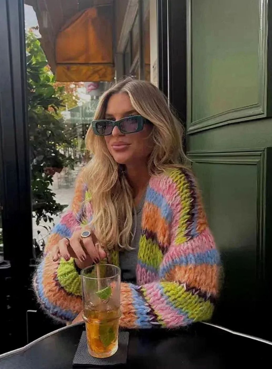 Women's Chunky Multi Coloured Knit Striped Cardigan