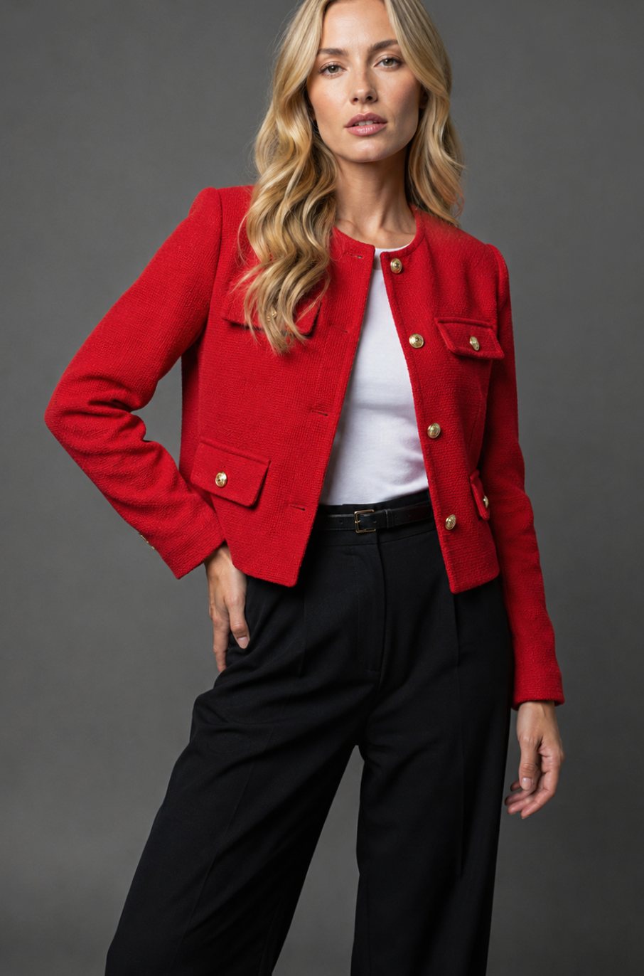 Women's Collarless Cropped Tweed Blazer Gold Button Flap Pocket