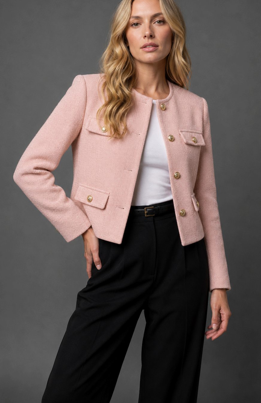 Women's Collarless Cropped Tweed Blazer Gold Button Flap Pocket