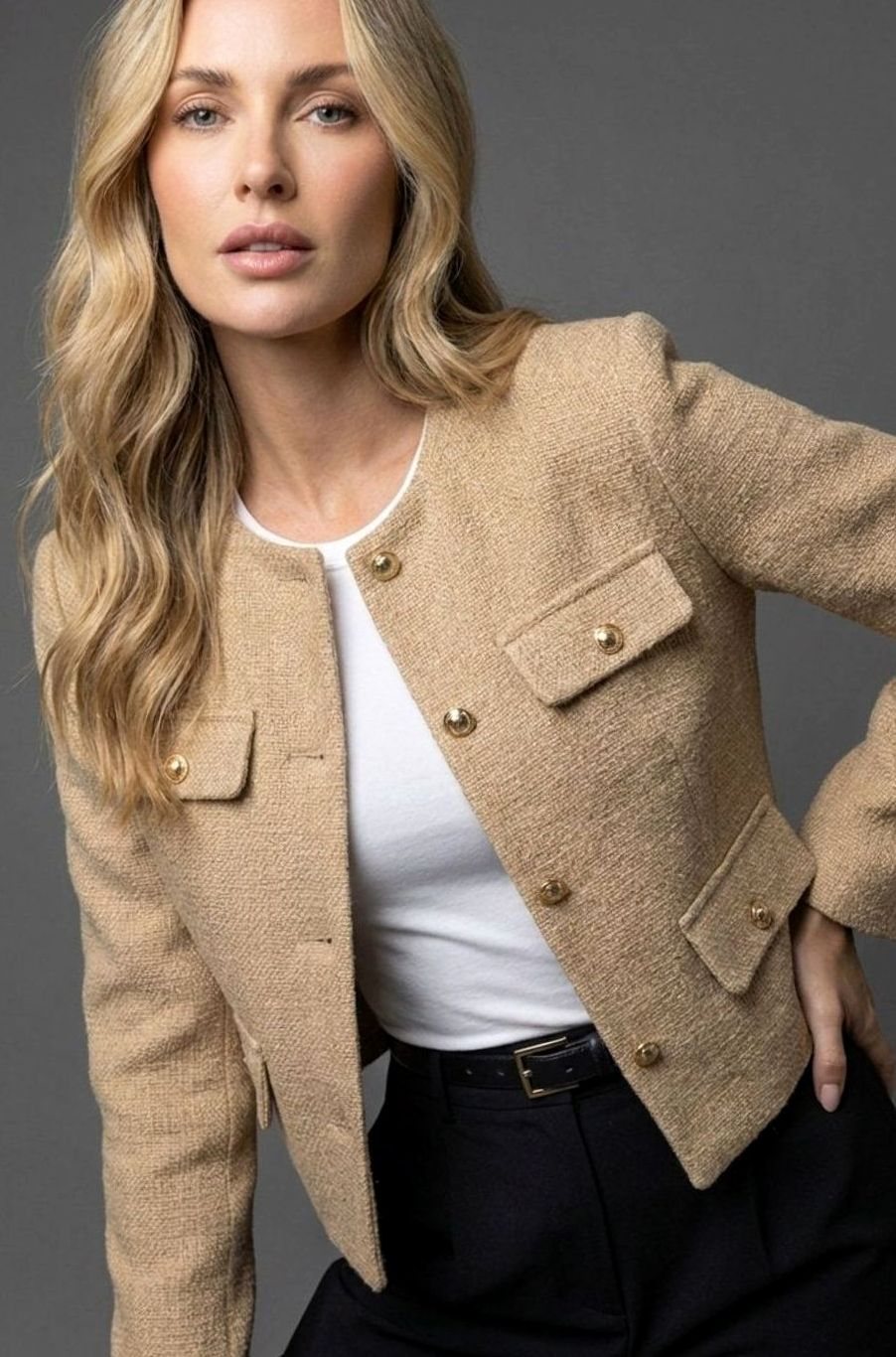 Women's Collarless Cropped Tweed Blazer Gold Button Flap Pocket