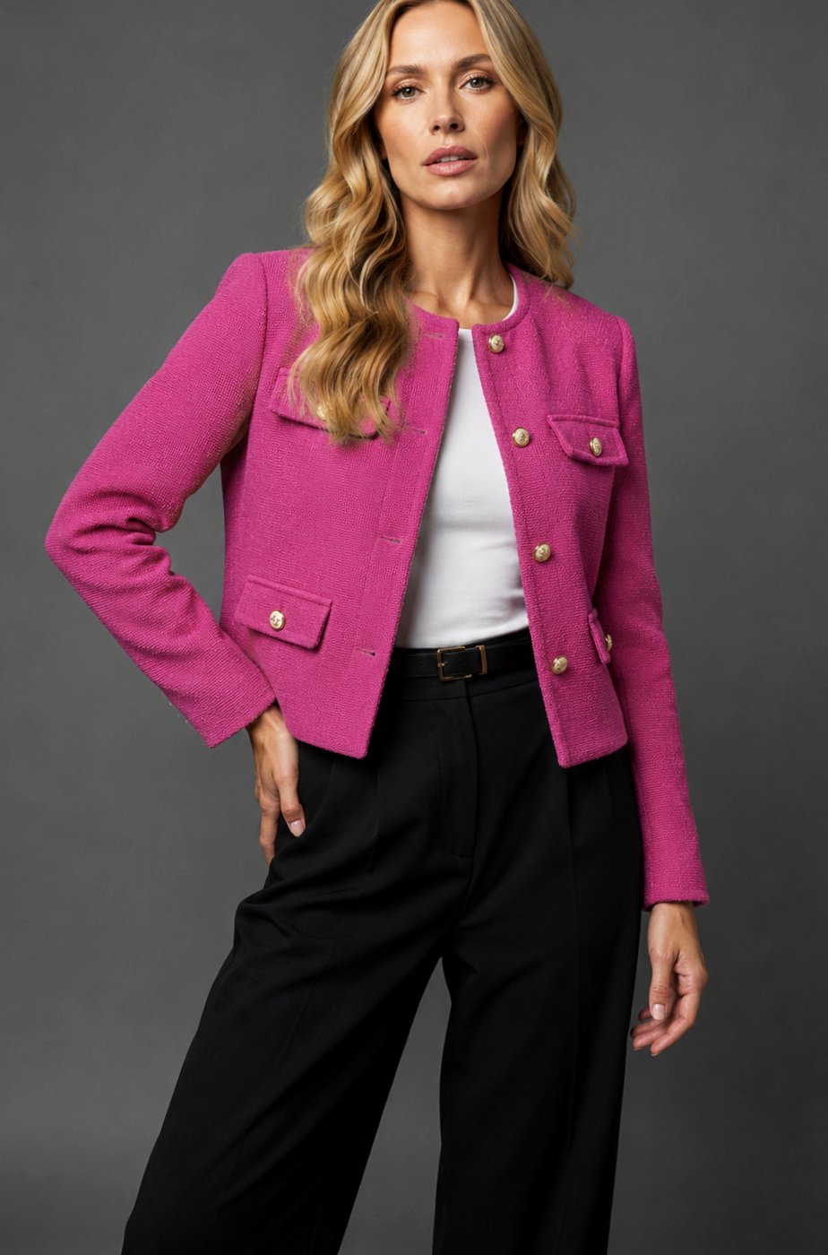 Women's Collarless Cropped Tweed Blazer Gold Button Flap Pocket